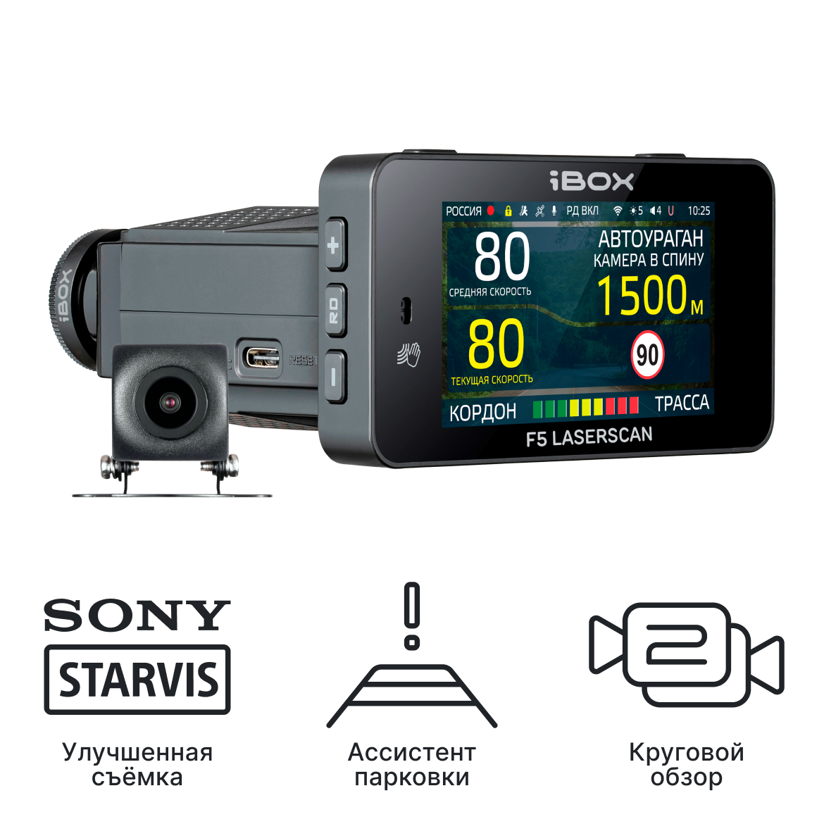 Видеорегистратор с сигнатурным радар-детектором iBOX F5 LaserScan WiFi Signature Dual + Камера заднего вида iBOX RearCam FHD1